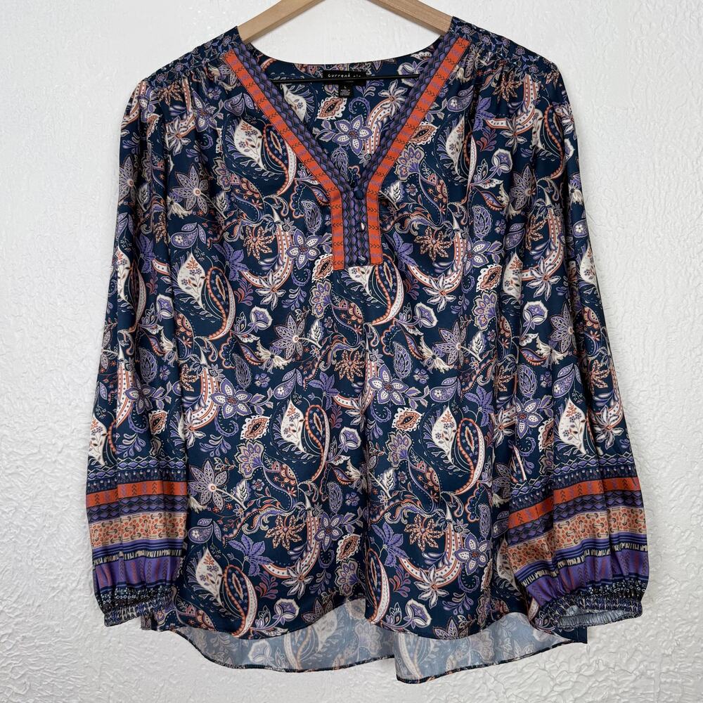 Current Air Los Angeles Paisley Satin Boho Long Sleeve Blouse Size Large